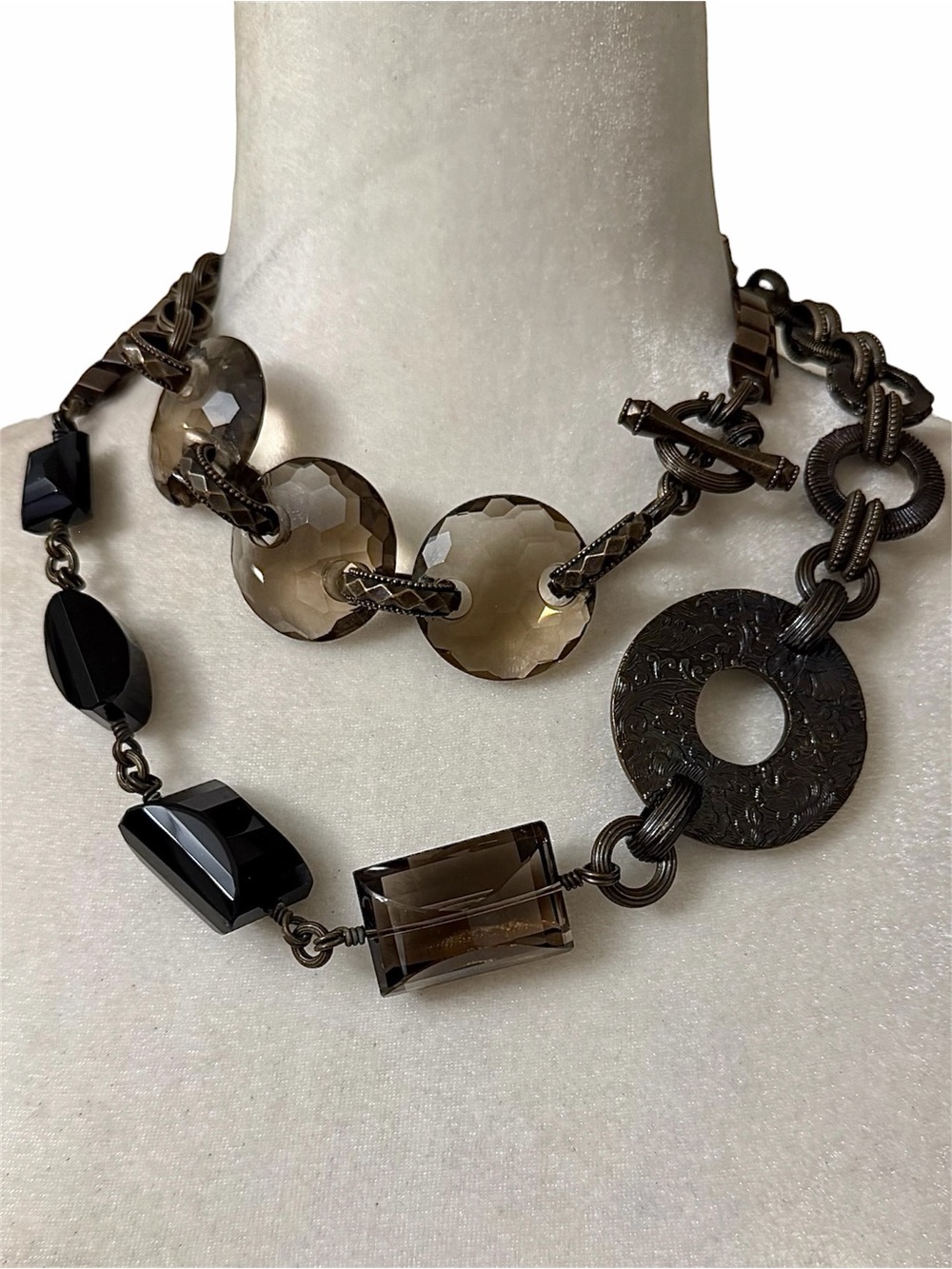 Stephen Dweck Bronze Multi-Stone Statement Necklace Pyrite Smoky Quartz - Picture 2 of 11